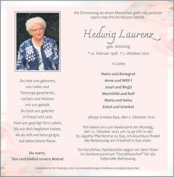 Anzeige von Hedwig Laurenz 