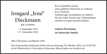 Anzeige von Irmgard „ Irmi “ Dieckmann 