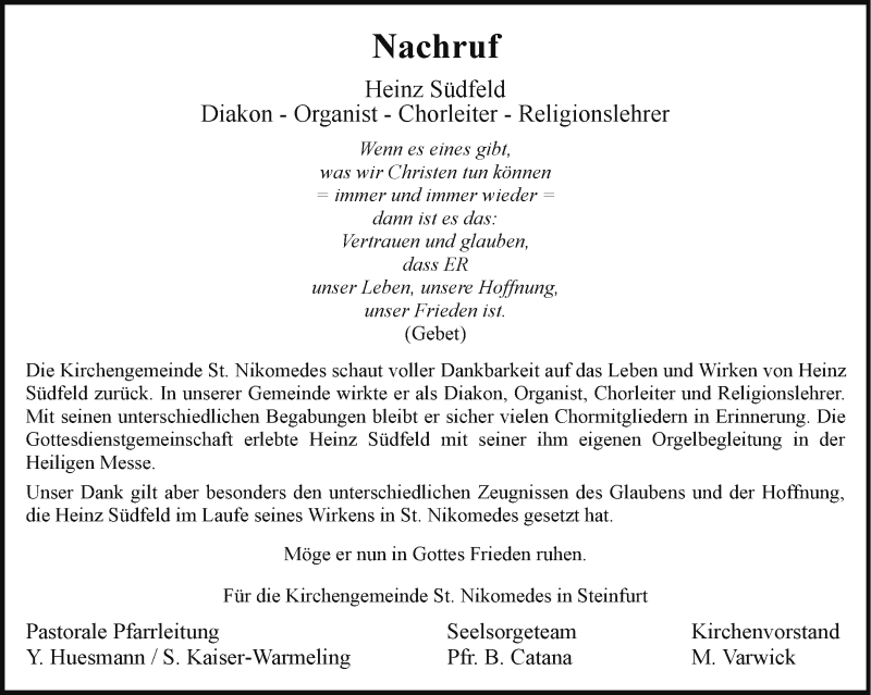  Traueranzeige für Heinz Südfeld vom 01.10.2022 aus 