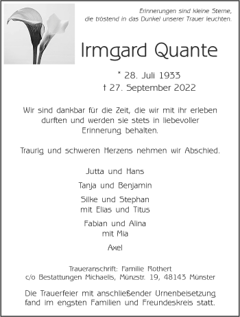 Anzeige von Irmgard Quante 