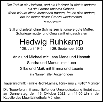 Anzeige von Hedwig Ruhkamp 