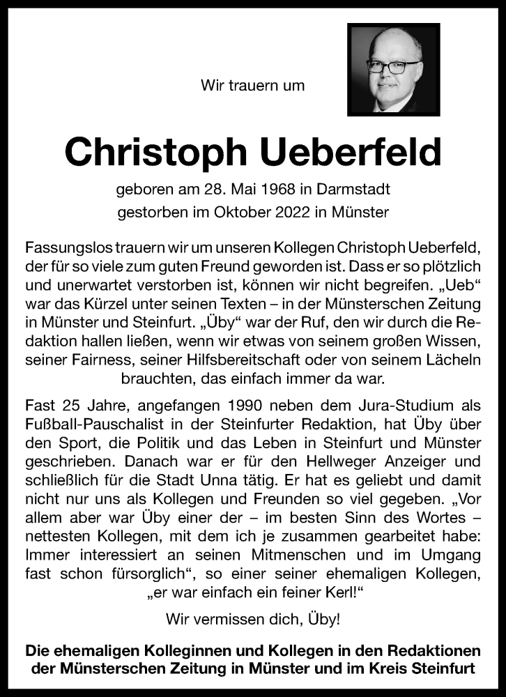  Traueranzeige für Christoph Ueberfeld vom 29.10.2022 aus 