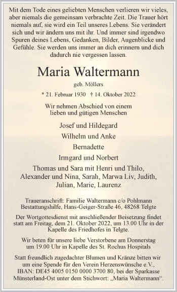 Anzeige von Maria Waltermann 