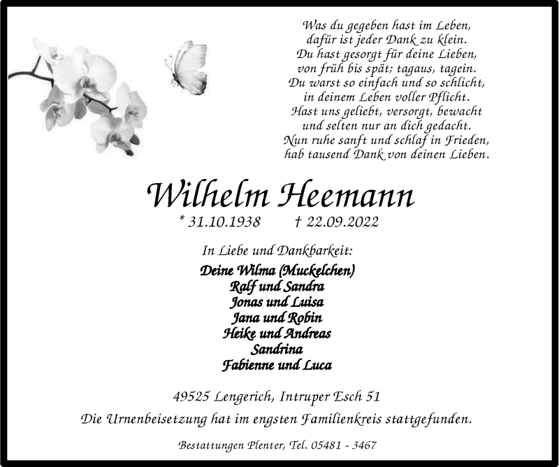  Traueranzeige für Wilhelm Heemann vom 08.10.2022 aus 