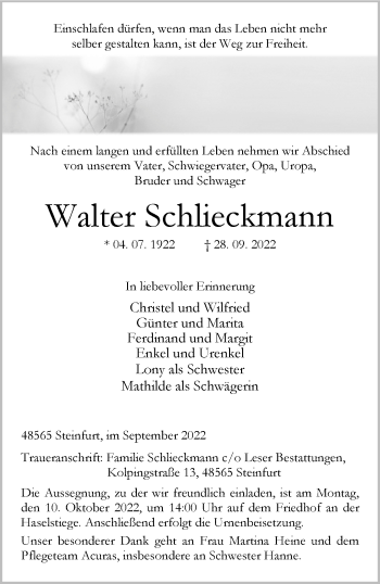 Anzeige von Walter Schlieckmann 