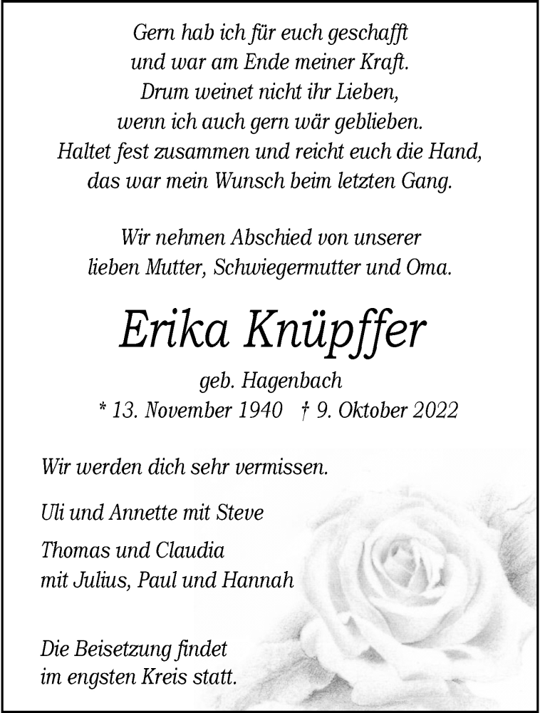  Traueranzeige für Erika Knüpffer vom 15.10.2022 aus 