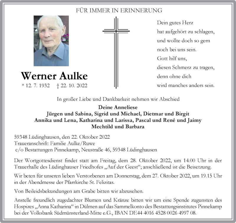  Traueranzeige für Werner Aulke vom 26.10.2022 aus 