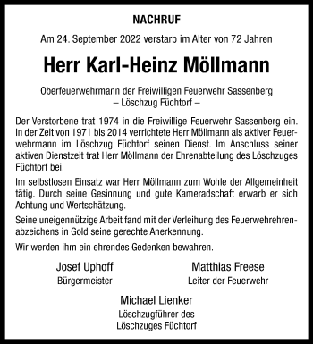 Anzeige von Karl-Heinz Möllmann 