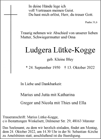 Anzeige von Ludgera Lütke-Kogge 
