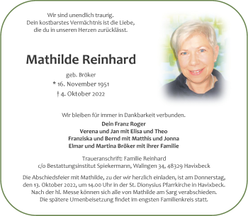 Anzeige von Mathilde Reinhard 