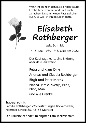 Anzeige von Elisabeth Rothberger 