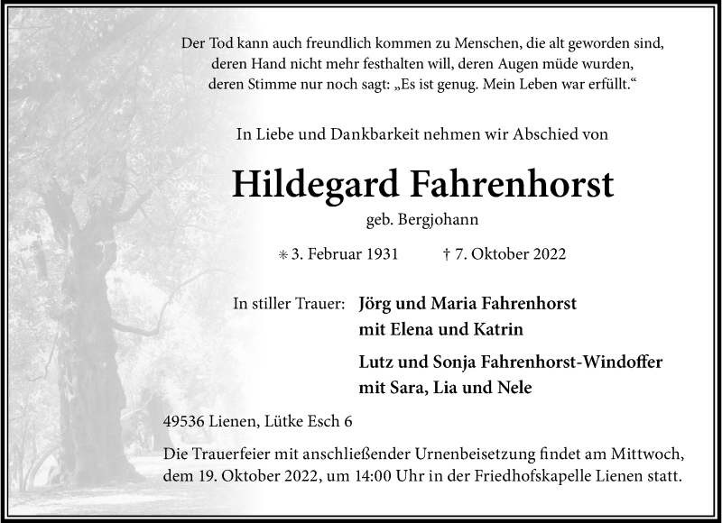  Traueranzeige für Hildegard Fahrenhorst vom 14.10.2022 aus 