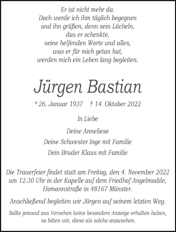 Anzeige von Jürgen Bastian 