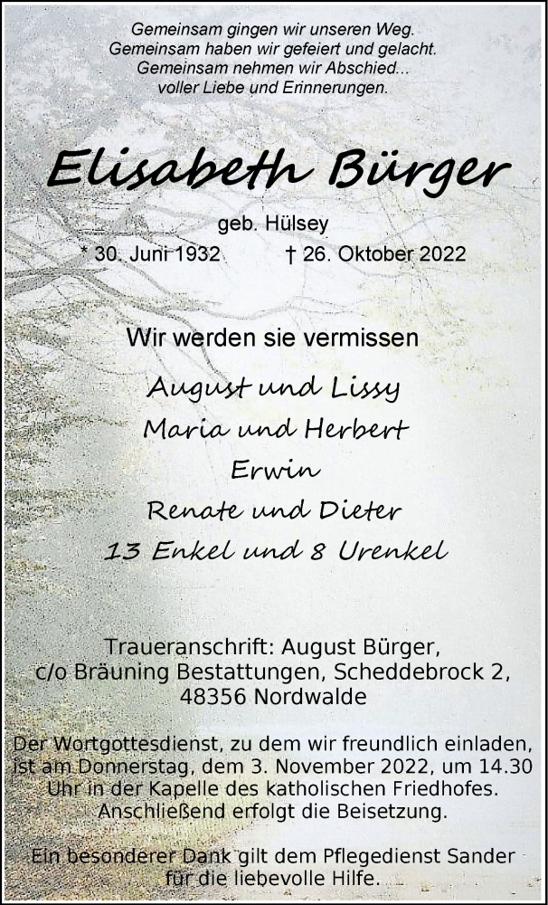  Traueranzeige für Elisabeth Bürger vom 31.10.2022 aus 