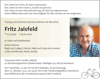 Anzeige von Fritz Jaisfeld 