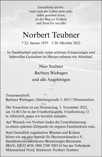 Anzeige von Norbert Teubner 
