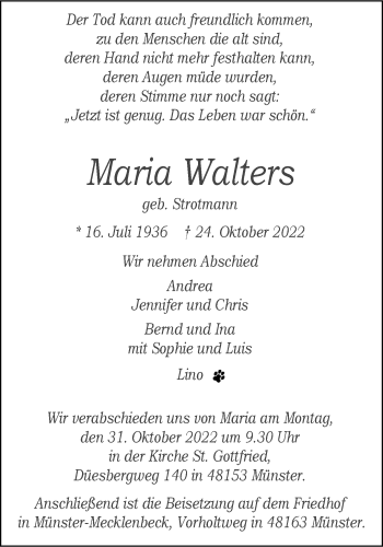 Anzeige von Maria Walters 