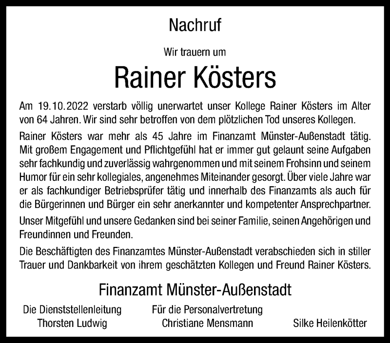  Traueranzeige für Rainer Kösters vom 29.10.2022 aus 
