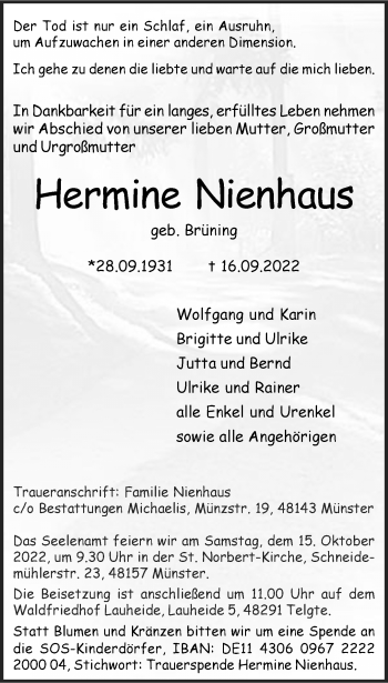 Anzeige von Hermine Nienhaus 