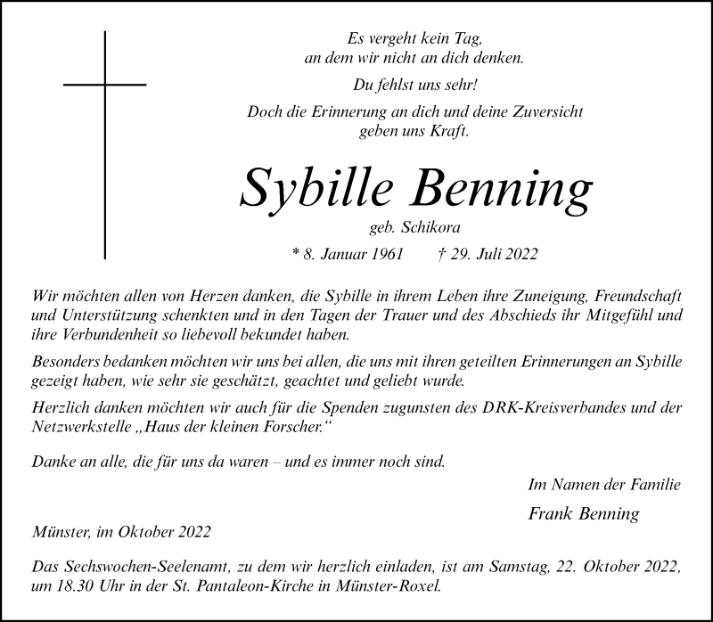  Traueranzeige für Sybille Benning vom 15.10.2022 aus 