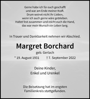 Anzeige von Margret Borchard 