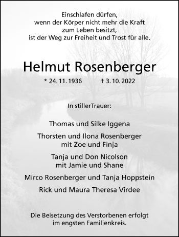 Anzeige von Helmut Rosenberger 