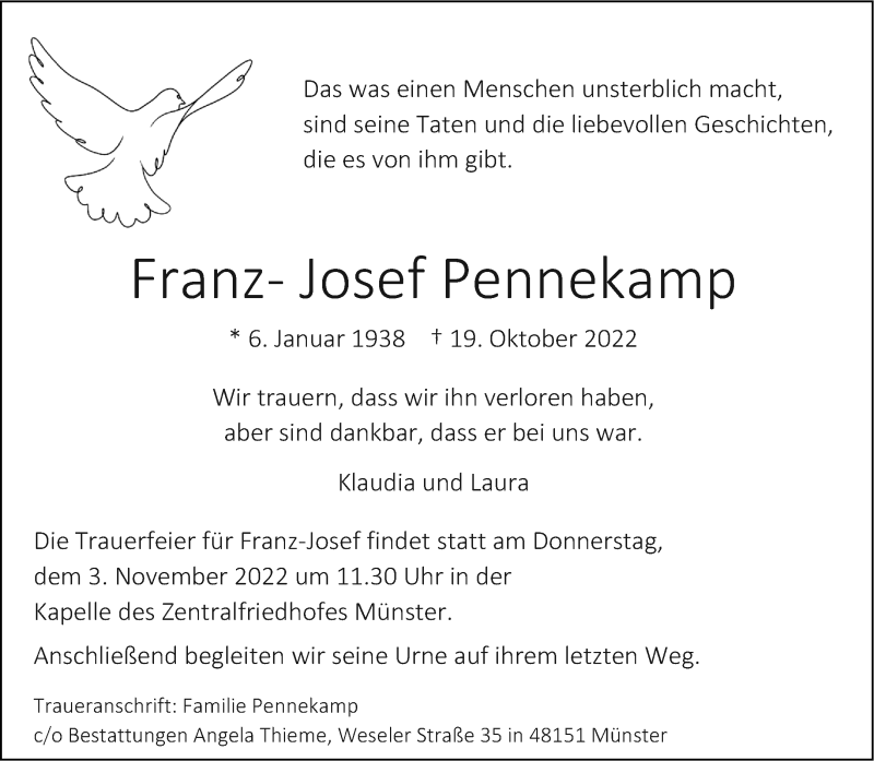  Traueranzeige für Franz-Josef Pennekamp vom 29.10.2022 aus 