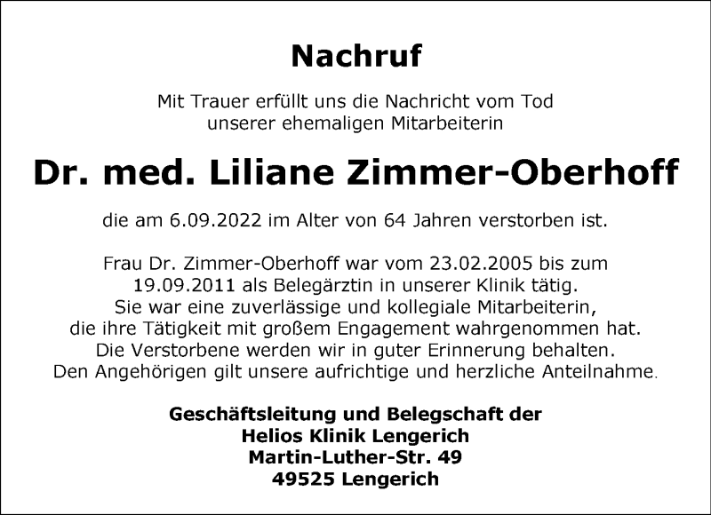  Traueranzeige für Liliane Zimmer-Oberhoff vom 22.10.2022 aus 