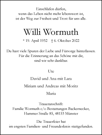 Anzeige von Willi Wormuth 