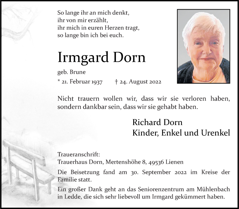  Traueranzeige für Irmgard Dorn vom 01.10.2022 aus 