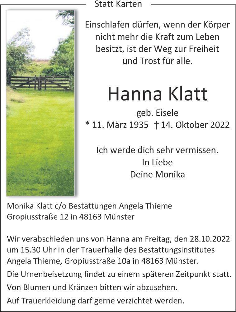  Traueranzeige für Hanna Klatt vom 26.10.2022 aus 