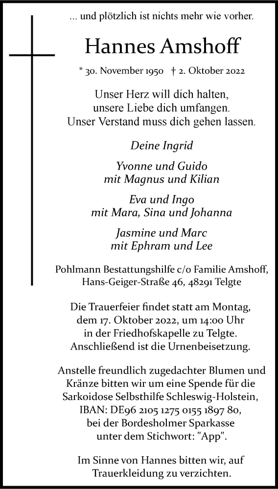  Traueranzeige für Hannes Amshoff vom 08.10.2022 aus 