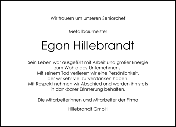 Anzeige von Egon Hillebrand 