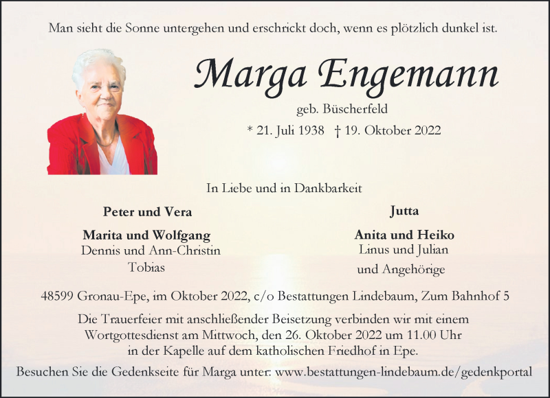  Traueranzeige für Marge Engemann vom 22.10.2022 aus 