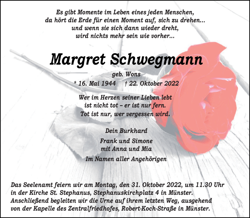  Traueranzeige für Margret Schwegmann vom 26.10.2022 aus 