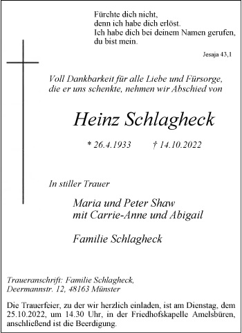 Anzeige von Heinz Schlagheck 