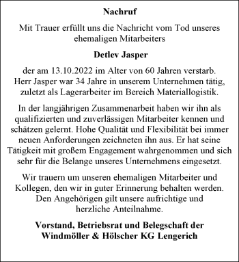 Anzeige von Detlev Jasper 