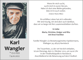 Anzeige von Karl Wangler 