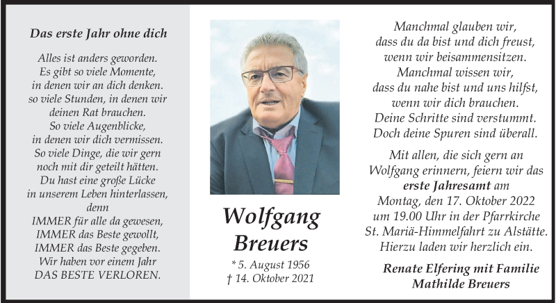  Traueranzeige für Wolfgang Breuers vom 14.10.2022 aus 