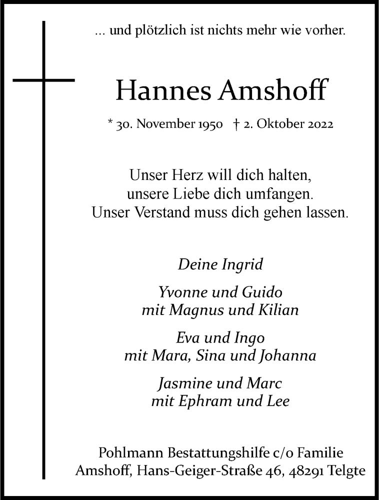  Traueranzeige für Hannes Amshoff vom 08.10.2022 aus 