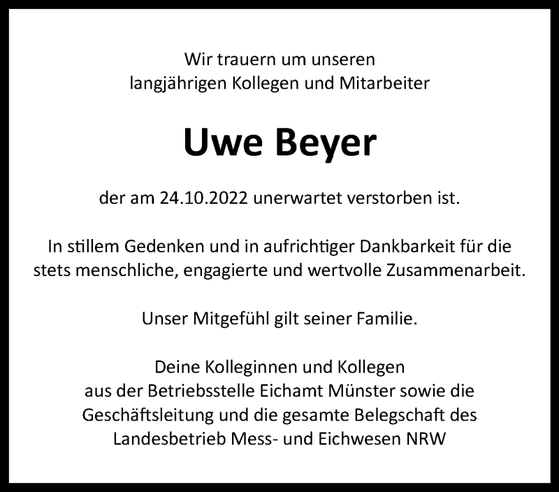  Traueranzeige für Uwe Beyer vom 29.10.2022 aus 