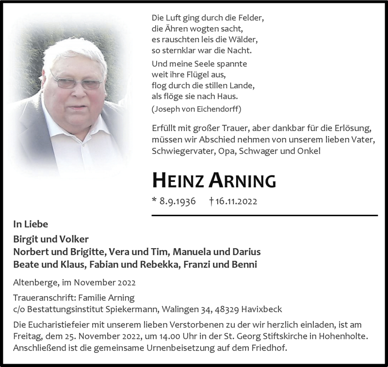  Traueranzeige für Heinz Arning vom 19.11.2022 aus 
