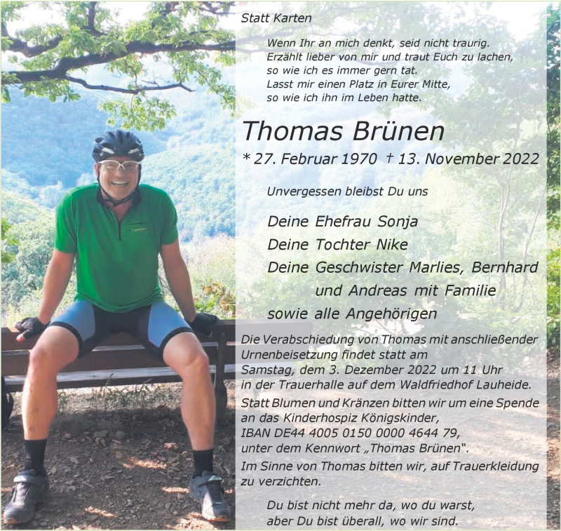  Traueranzeige für Thomas Brünen vom 19.11.2022 aus 