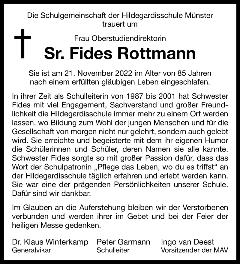  Traueranzeige für Fides Rottmann vom 26.11.2022 aus 