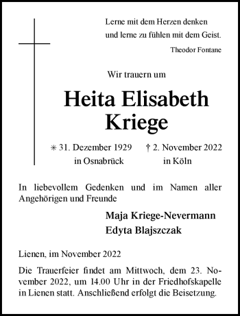 Anzeige von Heita Elisabeth Kriege 