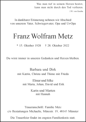 Anzeige von Franz Wolfram Metz 