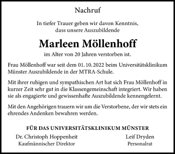 Anzeige von Marleen Möllenhoff 