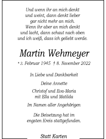 Anzeige von Martin Wehmeyer 