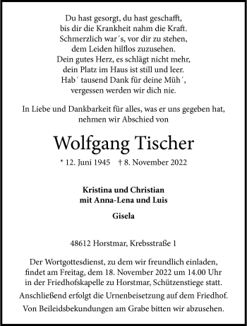 Anzeige von Wolfgang Tischer 