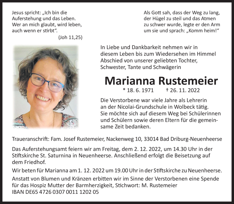  Traueranzeige für Marianna Rustemeier vom 29.11.2022 aus 
